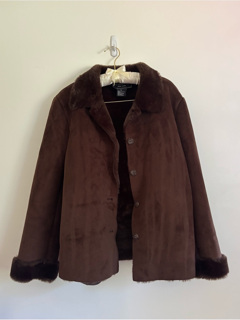 Vintage Women's COACO New York Chocolate Brown Faux Suede Coat with Fur Trim